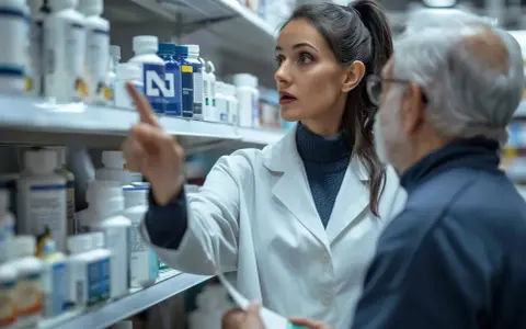 Młody technik farmacji w białym fartuchu wskazuje starszemu panu na lek na półce aptecznej.