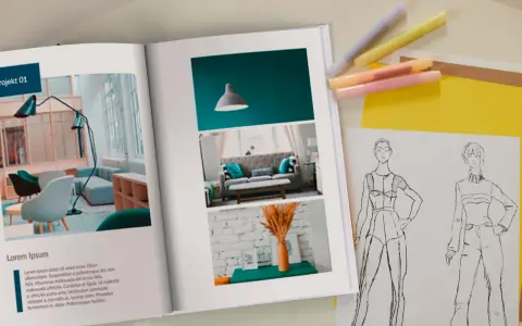 Otwarta księga z inspiracjami: projekt wnętrz i szkice modowe. To moje portfolio.