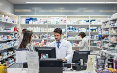 Farmaceuta w białym fartuchu obsługuje klienta, a w tle widać półki z lekami. To praca, która może przynieść dobre zarobki.