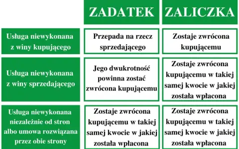 Tabela porównuje zadatek a zaliczka. Zadatek przepada przy winie kupującego, zaliczka jest zawsze zwracana.