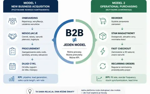 B2B to dwa modele: pozyskiwanie nowych kontrahentów (onboarding, negocjacje, długi cykl) i rutynowe zamówienia (reorder, szybki checkout).