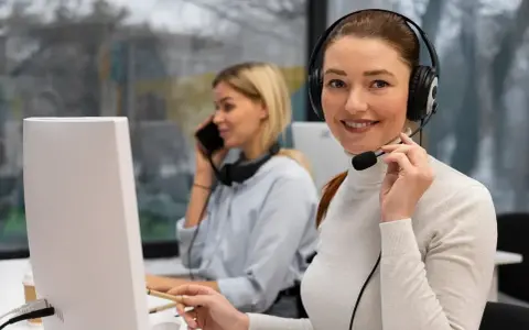 Uśmiechnięta key account manager w słuchawkach z mikrofonem pracuje przy komputerze. W tle koleżanka rozmawia przez telefon.
