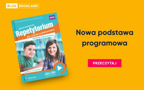 Okładka podręcznika "Repetytorium Język Angielski" z uśmiechniętymi uczniami.