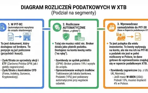 Diagram rozliczeń podatkowych w XTB: PIT-8C od brokera, rozliczenia automatyczne i samodzielne wprowadzanie danych do PIT-38.