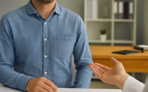Rozmowa o ubezpieczeniu zdrowotnym dla bezrobotnych. Dwie osoby siedzą przy biurku, jedna gestykuluje.