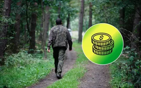 Leśniczy idzie przez las, zastanawiając się, ile zarabia leśniczy. Obok ikona monet.