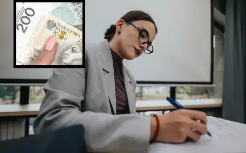 Dyrektor szkoły analizuje dokumenty, zastanawiając się, ile zarabia dyrektor szkoły. W tle widać banknot 200 zł.