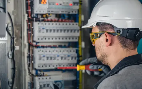 Elektryk w kasku i okularach ochronnych pracuje przy rozdzielnicy. Zastanawiasz się, ile zarabia elektryk?
