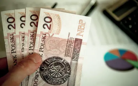 Ręka trzyma banknoty 20 zł. Obok kalkulator i wykres kołowy. Planowanie finansowe na 2025 rok, stawka godzinowa netto.