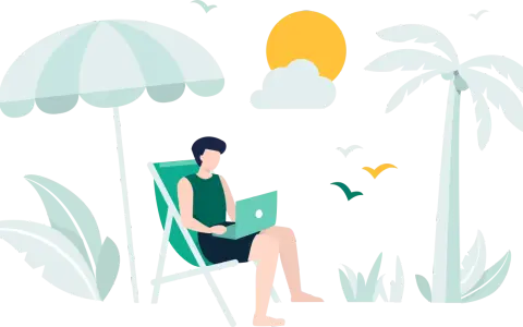 Mężczyzna pracuje na laptopie pod parasolem plażowym, marząc o wakacjach ZUS 2025. Palmy i słońce dopełniają tropikalny klimat.