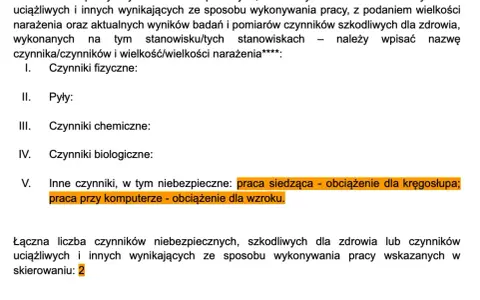 Dokument zawiera informacje o czynnikach szkodliwych w pracy, w tym o obciążeniu kręgosłupa i wzroku, co jest podstawą do skierowania na badania medycyny pracy.
