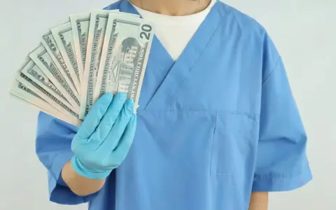 Higienistka stomatologiczna w niebieskim fartuchu pokazuje wachlarz banknotów 20 dolarowych. Zastanawiasz się, ile zarabia higienistka stomatologiczna?