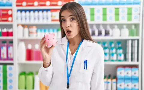 Zaskoczona farmaceutka trzyma skarbonkę, zastanawiając się, ile zarabia technik farmacji.