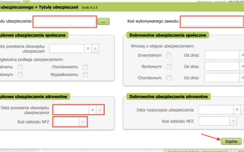 Formularz zgłoszenia ubezpieczonego. Wpisz kod tytułu ubezpieczenia i kod oddziału NFZ.