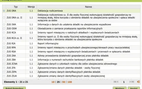 Lista dokumentów ZUS, w tym deklaracja rozliczeniowa ZUS DRA.