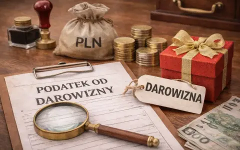 Dokument "Podatek od darowizny", lupa, worek z PLN, monety, prezent i banknoty. Zastanawiasz się, ile czasu na zgłoszenie darowizny?