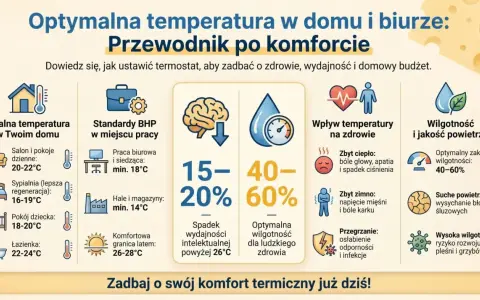Przewodnik po komforcie: idealna temperatura w domu i biurze, minimalna temperatura w biurze to 14°C. Optymalna wilgotność 40-60%.