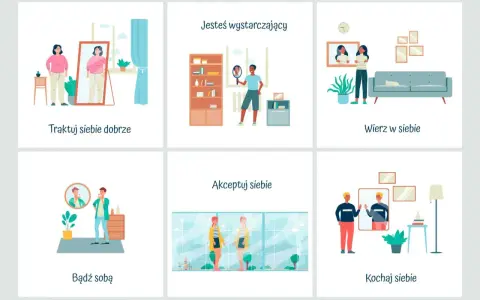 Ilustracje pokazują ludzi patrzących w lustro, ćwiczących, rozmawiających i relaksujących się, podkreślając budowanie poczucia własnej wartości.
