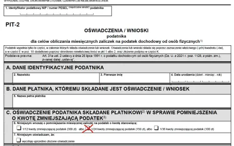 Formularz PIT-2, sekcja C: oświadczenie podatnika o kwocie zmniejszającej podatek. Zaznaczono 1/24 kwoty zmniejszającej podatek.