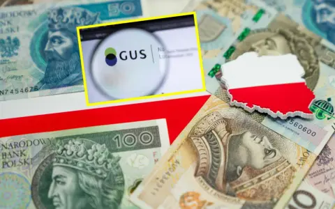 Polskie banknoty, mapa Polski z flagą, logo GUS. Czy średnia krajowa 2026 będzie wyższa?