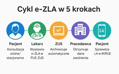 Schemat cyklu e-ZLA: Pacjent, Lekarz, ZUS, Pracodawca, Pacjent. Dowiedz się, jak sprawdzić czy jestem ubezpieczony i uzyskać L4.