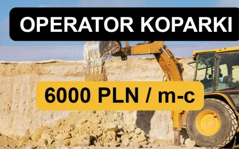 Operator koparki zarabia 6000 PLN miesięcznie. Żółta koparka pracuje na budowie.