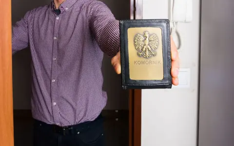Mężczyzna w kratę pokazuje legitymację komornika. Zastanawiasz się, ile może zabrać komornik?