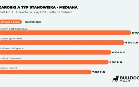 Zestawienie zarobków analityków: bezpieczeństwa (10k), systemowy (9.5k), BI (8.5k), biznesowy (8.3k), danych (7k).