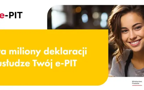 Uśmiechnięta kobieta obok napisu "Twój e-PIT". Dowiedz się, jak sprawdzić status zwrotu podatku.