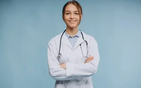 Uśmiechnięta lekarka w białym kitlu ze stetoskopem, zastanawia się, ile zarabia psychiatra.