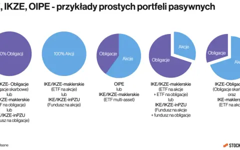 Przykłady pasywnych portfeli IKE, IKZE, OIPE: 100% obligacji, 100% akcji, mieszane, z ETF-ami i funduszami.