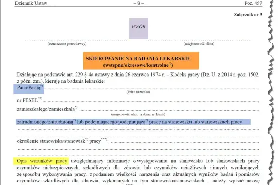 Skierowanie na badania lekarskie (okresowe/kontrolne) dla pracownika. Wpisanie danych pracownika i stanowiska pracy.