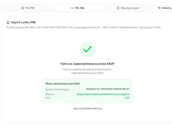 Faktura zaakceptowana przez KSeF po imporcie z pliku XML. Pokazuje status akceptacji i numer referencyjny, co jest kluczowe, jak wystawić fakturę.