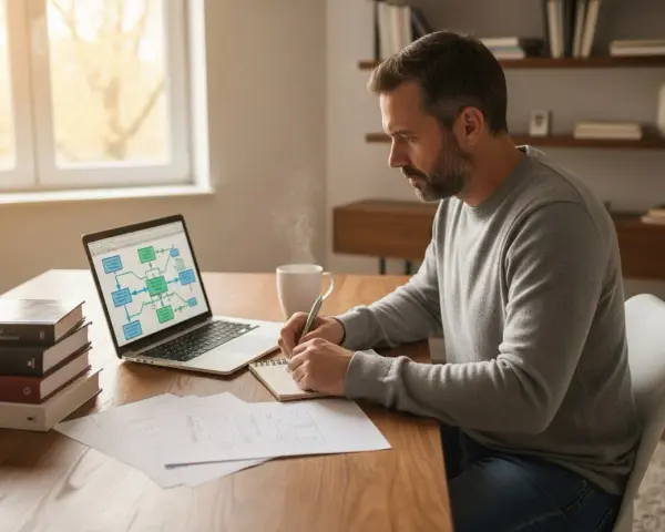 Mężczyzna pochyla się nad notatkami, pracując nad projektem. Na ekranie laptopa schemat blokowy, obok stos książek. To jego codzienne zmagania podczas studiów magisterskich.