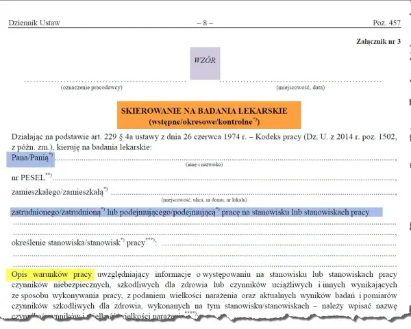 Skierowanie na badania lekarskie (okresowe/kontrolne) dla pracownika. Wpisanie danych pracownika i stanowiska pracy.