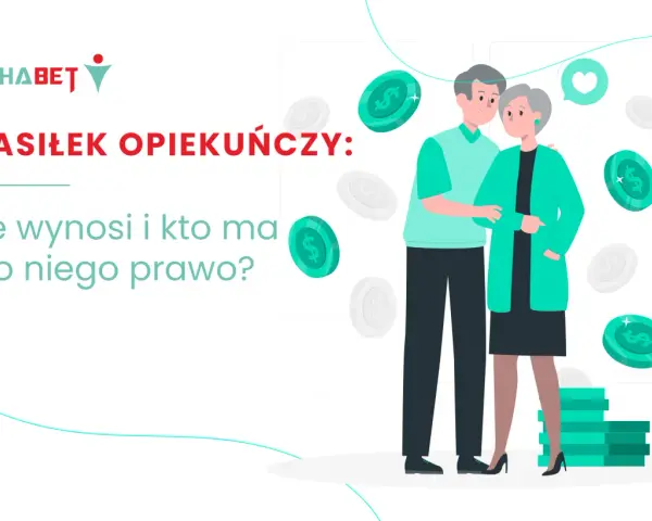 Para starszych osób, monety i tekst "ZASIŁEK OPIEKUŃCZY: ile wynosi i kto ma do niego prawo?".