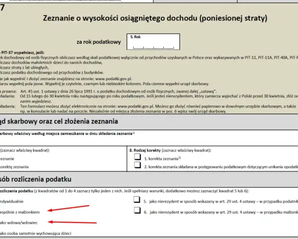 Formularz PIT-37, sekcja "Rodzaj korekty" zaznaczona opcja "korekta zeznania". Wskazanie sposobu rozliczenia podatku: wspólnie z małżonkiem lub jako wdowa/wdowiec.