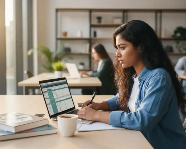 Młoda kobieta pracuje przy laptopie w jasnym biurze, obok książki i kawy.