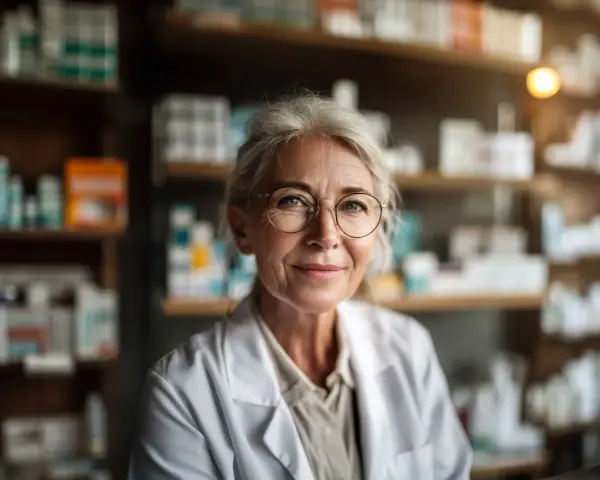 Uśmiechnięta farmaceutka w okularach, w białym fartuchu, wśród aptecznych półek. To ulga dla pracujących seniorów, którzy szukają tu wsparcia.