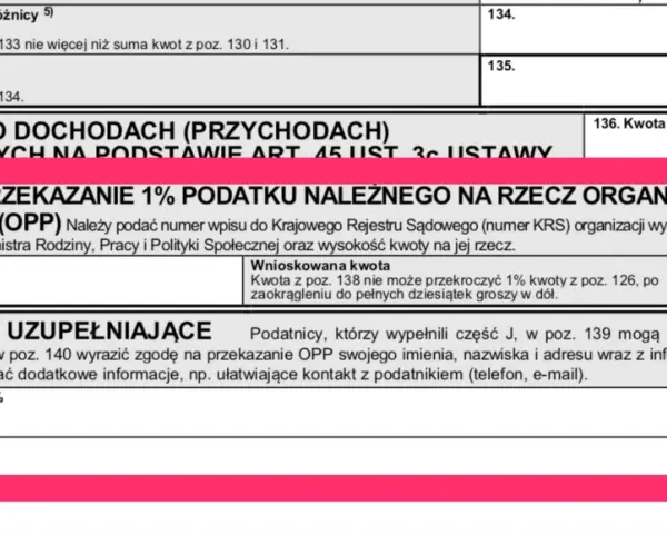 Wniosek o przekazanie 1% podatku na OPP. Wpisz numer KRS organizacji i kwotę. To jedna z opcji, co można odliczyć w PIT.