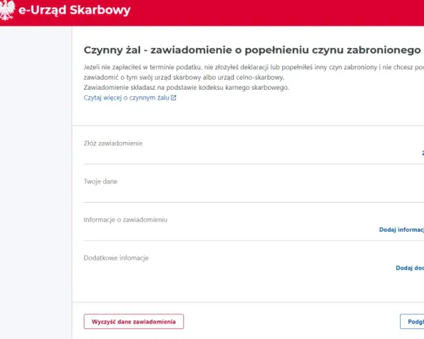 Formularz "Czynny żal - zawiadomienie o popełnieniu czynu zabronionego" w e-Urzędzie Skarbowym. Możesz tu złożyć zawiadomienie, jak napisać czynny żal do urzędu skarbowego.