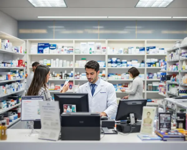 Farmaceuta w białym fartuchu obsługuje klienta, a w tle widać półki z lekami. To praca, która może przynieść dobre zarobki.