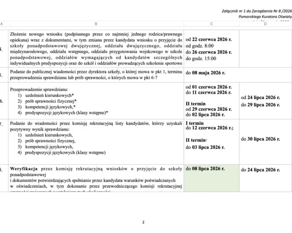 Fragment tabeli z harmonogramem rekrutacji do liceum 2026/2027, zawierający daty i terminy.
