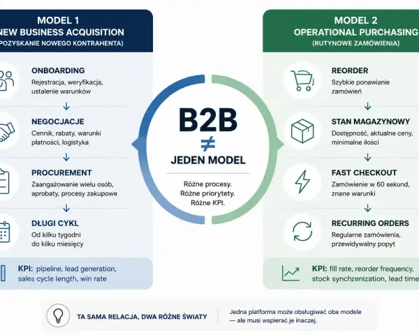 B2B to dwa modele: pozyskiwanie nowych kontrahentów (onboarding, negocjacje, długi cykl) i rutynowe zamówienia (reorder, szybki checkout).