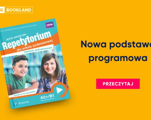 Okładka podręcznika "Repetytorium Język Angielski" z uśmiechniętymi uczniami.