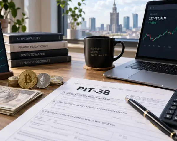 Na biurku leży formularz PIT-38, obok niego monety kryptowalut, polskie banknoty, kalkulator i laptop z wykresem cen kryptowalut.