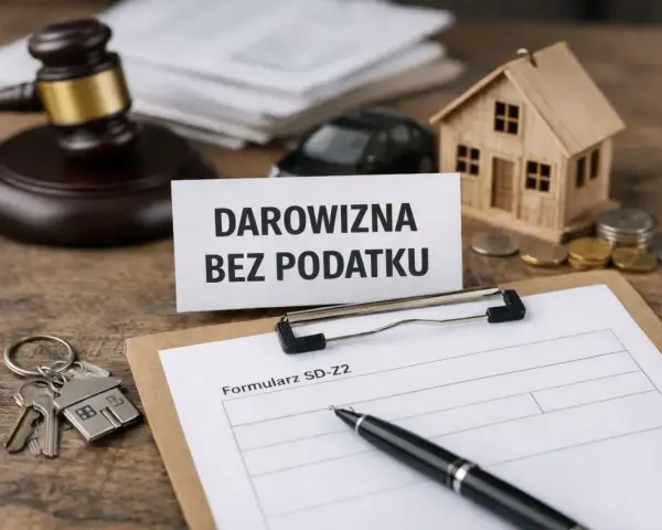 Klucze do domu, formularz SD-Z2 i tabliczka "Darowizna bez podatku" sugerują, do jakiej kwoty można zrobić przelew bez podatku.