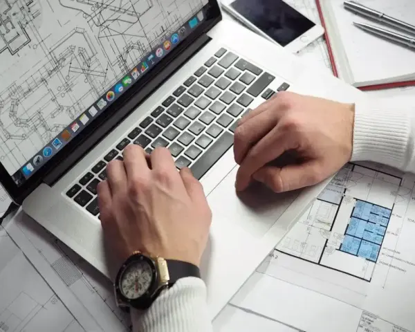 Architekt pracuje nad projektem na laptopie, analizując plany. Zastanawiasz się, ile zarabia architekt?