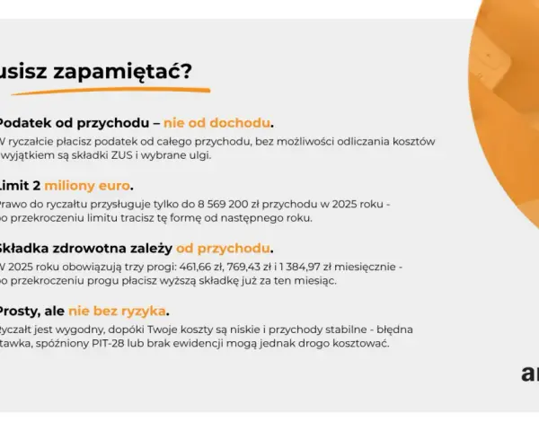 Ryczałt: podatek od przychodu, limit 2 mln euro, składka zdrowotna zależna od przychodu. Prosty, ale nie bez ryzyka.