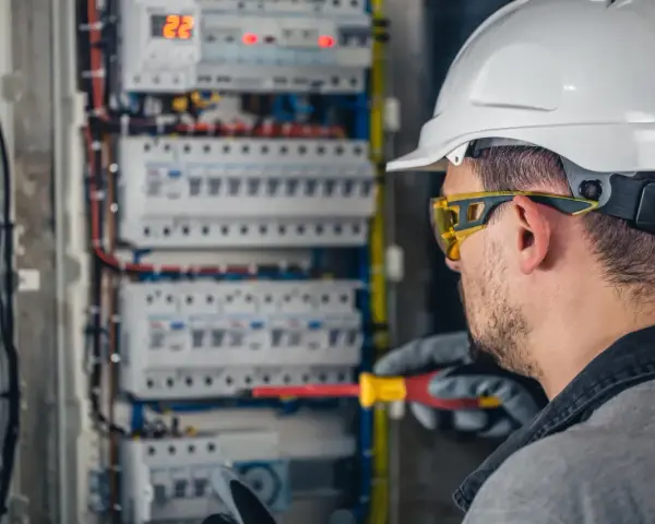 Elektryk w kasku i okularach ochronnych pracuje przy rozdzielnicy. Zastanawiasz się, ile zarabia elektryk?